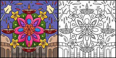 Bu renkli sayfa Diwali Rangoli 'yi gösteriyor. Bu illüstrasyonun bir tarafı renkli ve çocuklar için bir ilham kaynağı..