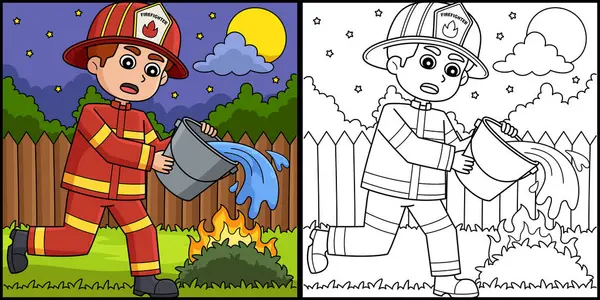 stock vector This coloring page shows a Firefighter Holding a Bucket of Water. One side of this illustration is colored and serves as an inspiration for children.d Illustration. Vector illustration