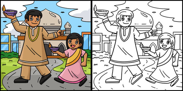 This coloring page shows a Diwali Parent and Child with Candles. One side of this illustration is colored and serves as an inspiration for children.