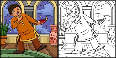 Bu boyama sayfasında Diwali Boy 'un dans edişi var. Bu illüstrasyonun bir tarafı renkli ve çocuklar için bir ilham kaynağı..