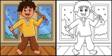 Bu renkli sayfada Diwali Festivali 'nin Sopalarla Dans Eden Çocuğu var. Bu illüstrasyonun bir tarafı renkli ve çocuklar için bir ilham kaynağı.. 