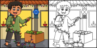 Bu boyama sayfasında Işıklı Diwali Festivali Çocuğu var. Bu illüstrasyonun bir tarafı renkli ve çocuklar için bir ilham kaynağı.. 