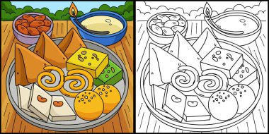 Bu renkli sayfa Diwali Sweets 'i gösteriyor. Bu illüstrasyonun bir tarafı renkli ve çocuklar için bir ilham kaynağı.. 