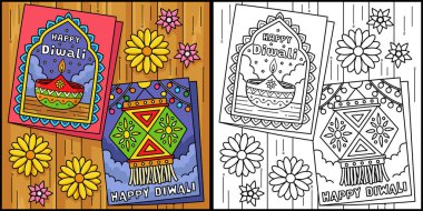Bu boyama sayfasında Diwali tebrik kartları var. Bu illüstrasyonun bir tarafı renkli ve çocuklar için bir ilham kaynağı.. 