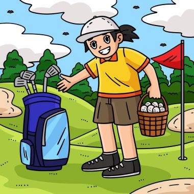 Bu karikatür klip, kadın golf çantasının bir top sepetini gösteriyor..