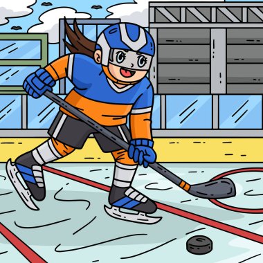 Bu karikatür klip bir buz hokeyi kadın oyuncusunun Hokey Puck illüstrasyonunu kovalamasını gösteriyor..