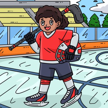 This cartoon clipart shows an Ice Hockey Female Player Holding a Helmet illustration. clipart