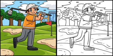 Bu boyama sayfasında topa vuran bir Golf Golfçüsü var. Bu illüstrasyonun bir tarafı renkli ve çocuklar için bir ilham kaynağı..