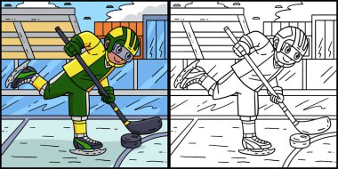 Bu boyama sayfası Buz Hokeyi Oyuncusunun Puck 'ı yönetmesini gösteriyor. Bu illüstrasyonun bir tarafı renkli ve çocuklar için bir ilham kaynağı.. 