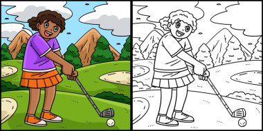 Bu boyama sayfası bir Golf Kadın Golfçüsünü gösteriyor. Bu illüstrasyonun bir tarafı renkli ve çocuklar için bir ilham kaynağı..