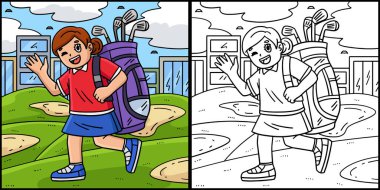 Bu boyama sayfasında çanta taşıyan bir kadın golfçü var. Bu illüstrasyonun bir tarafı renkli ve çocuklar için bir ilham kaynağı..