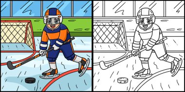 Bu boyama sayfası buz hokeyi oyuncusunun hokey diskine vuruşunu gösteriyor. Bu illüstrasyonun bir tarafı renkli ve çocuklar için bir ilham kaynağı.. 