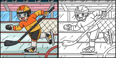 Bu boyama sayfasında buz hokeyi oyuncusu Hokey Sopası ve Puck var. Bu illüstrasyonun bir tarafı renkli ve çocuklar için bir ilham kaynağı.. 