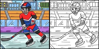 Bu boyama sayfası buz hokeyi oyuncusunun paten kayışını gösteriyor. Bu illüstrasyonun bir tarafı renkli ve çocuklar için bir ilham kaynağı.. 