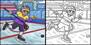Bu boyama sayfası buz hokeyi oyuncusunun hokey diskini kovalamasını gösteriyor. Bu illüstrasyonun bir tarafı renkli ve çocuklar için bir ilham kaynağı.. 
