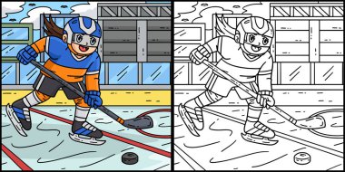 Bu boyama sayfası buz hokeyi oyuncusu bir kadın oyuncunun hokey topu kovalamasını gösteriyor. Bu illüstrasyonun bir tarafı renkli ve çocuklar için bir ilham kaynağı.. 