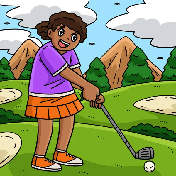 stock vector This cartoon clipart shows a Golf Female Golfer Aiming illustration.