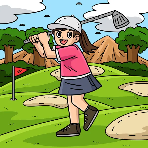 stock vector This cartoon clipart shows an illustration of a female golfer hitting the ball.