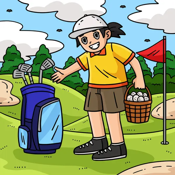 stock vector This cartoon clipart shows an illustration of a female golf caddie bag basket of balls.