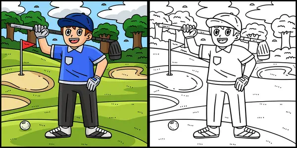 stock vector This coloring page shows a Golf Golfer with a Club. One side of this illustration is colored and serves as an inspiration for children.