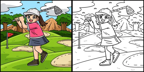 stock vector This coloring page shows a Golf Female Golfer Hitting the Ball. One side of this illustration is colored and serves as an inspiration for children.