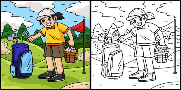 stock vector This coloring page shows a Female Caddie with a Bag and a Basket of Balls. One side of this illustration is colored and serves as an inspiration for children.