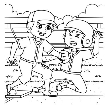 A cute and funny coloring page of a Baseball Player Base Tagging. Provides hours of coloring fun for children. To color, this page is very easy. Suitable for little kids and toddlers. clipart