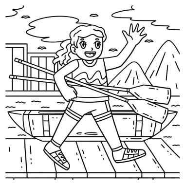 A cute and funny coloring page of a Rowing Oarswoman Carrying Oars. Provides hours of coloring fun for children. To color, this page is very easy. Suitable for little kids and toddlers. clipart