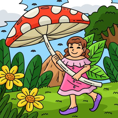 This cartoon clipart shows a Fairy with a Mushroom Umbrella illustration. clipart