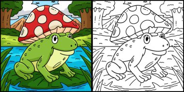 This coloring page shows a Frog with a Mushroom Hat. One side of this illustration is colored, and it inspires children.  clipart