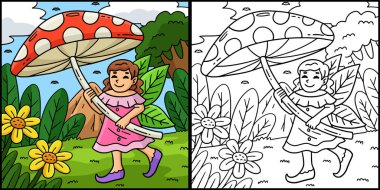 Bu boyama sayfasında mantar şemsiyeli bir peri var. Bu illüstrasyonun bir tarafı renkli ve çocuklar için bir ilham kaynağı.. 