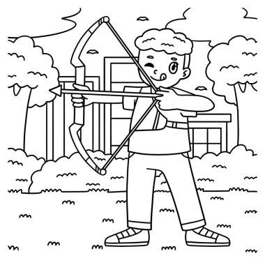 A cute and funny coloring page of an Archery Archer Raising Bow and Arrow. Provides hours of coloring fun for children. To color, this page is very easy. Suitable for little kids and toddlers. clipart