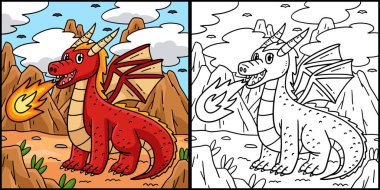 Bu boyama sayfasında Ejderha Nefesi Ateşi var. Bu illüstrasyonun bir tarafı renkli ve çocuklar için bir ilham kaynağı..