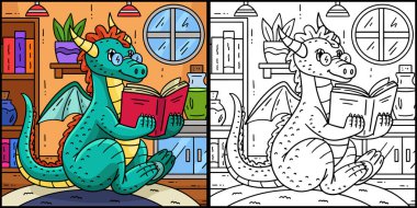 This coloring page shows a Dragon Reading a Book. One side of this illustration is colored and serves as an inspiration for children. clipart