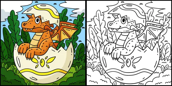 stock vector This coloring page shows a Dragon Coming Out of an Egg. One side of this illustration is colored and serves as an inspiration for children.