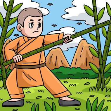Bu karikatür, Bambu Çubuğu resimli Budist Şaolin Keşişi 'ni gösteriyor..