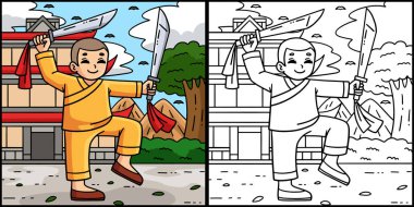 Bu boyama sayfasında bıçaklı bir Budist kadın Shaolin var. Bu illüstrasyonun bir tarafı renkli ve çocuklar için bir ilham kaynağı..