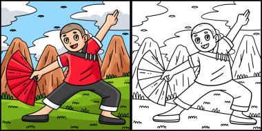 Bu renkli sayfada bir Budist kadın Shaolin ve bir hayran var. Bu illüstrasyonun bir tarafı renkli ve çocuklar için bir ilham kaynağı..