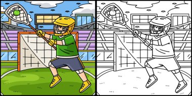 Bu boyama sayfasında bir lakros kalecisi yakalama topu var. Bu illüstrasyonun bir tarafı renkli ve çocuklar için bir ilham kaynağı.. 