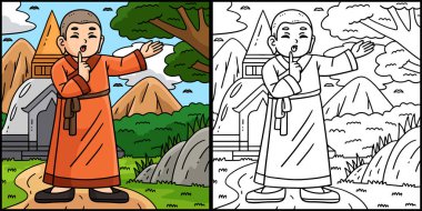 This coloring page shows a Buddhist monk doing the Quiet Sign. One side of this illustration is colored and serves as an inspiration for children. clipart