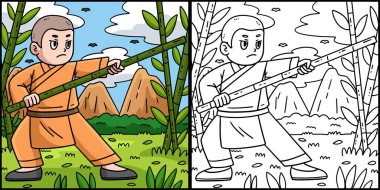 This coloring page shows a Buddhist Shaolin Monk with a Bamboo Stick. One side of this illustration is colored and serves as an inspiration for children. clipart