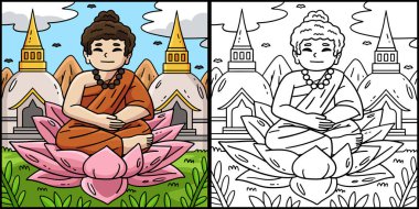Bu renkli sayfa bir Budist Buda 'nın Lotus Çiçeği üzerinde oturduğunu gösteriyor. Bu illüstrasyonun bir tarafı renkli ve çocuklar için bir ilham kaynağı..