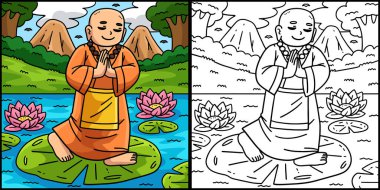 This coloring page shows a Buddha Walking on Lily Pad. One side of this illustration is colored and serves as an inspiration for children. clipart