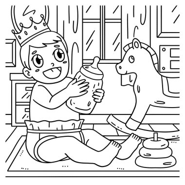 A cute and funny coloring page of a Baby Shower Baby with a Crown and a Bottle. Provides hours of coloring fun for children. To color, this page is very easy. Suitable for little kids and toddlers. clipart