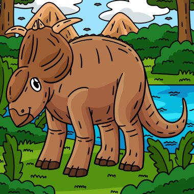 Bu karikatür parçası dinazor Pachyrhinosaurus 'un bir çizimini gösteriyor..