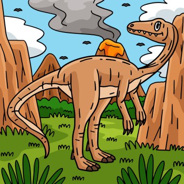 Bu karikatür parçası bir Dinozor Coelophysis çizimini gösteriyor.