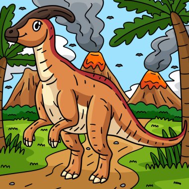 Bu karikatür parçası bir dinozor Parasaurolophus çizimini gösteriyor..