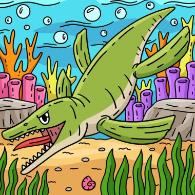 Bu karikatür parçası bir Dinozor Liopleurodon illüstrasyonunu gösteriyor.