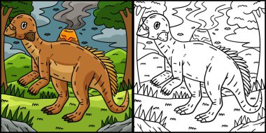 This coloring page shows a Dinosaur Psittacosaurus. One side of this illustration is colored and serves as an inspiration for children. clipart