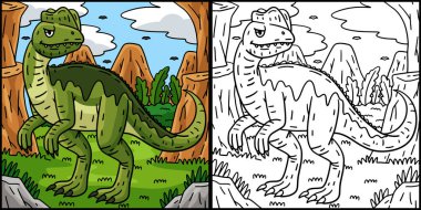 Bu renkli sayfa bir dinozor Dilophosaurus 'u gösteriyor. Bu illüstrasyonun bir tarafı renkli ve çocuklar için bir ilham kaynağı..